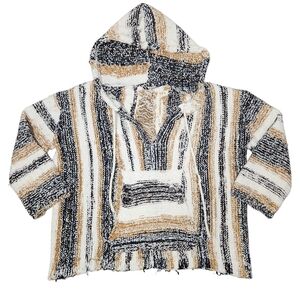 POL Chenille Hooded Baja Sweater Cream Distressed Oversized Boho Indie Slouchy M